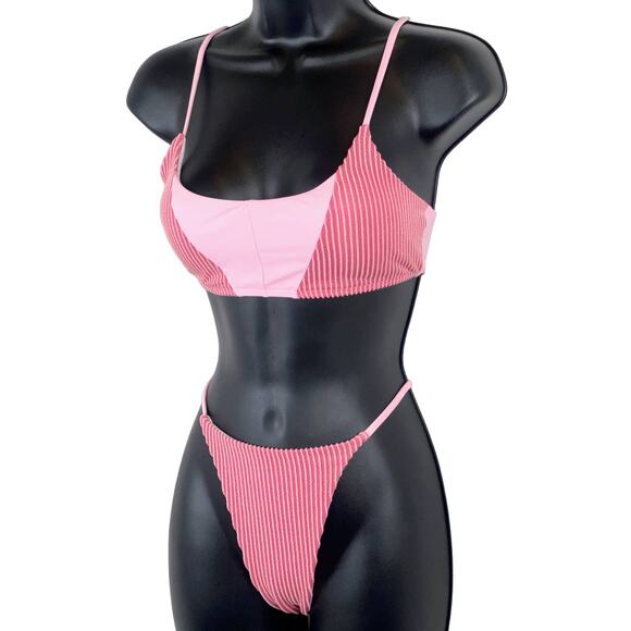 New S‎ Pink Ribbed Colorblock Hi rise Bikini Swimsuit Striped Retro Barbiecore - Picture 1 of 5